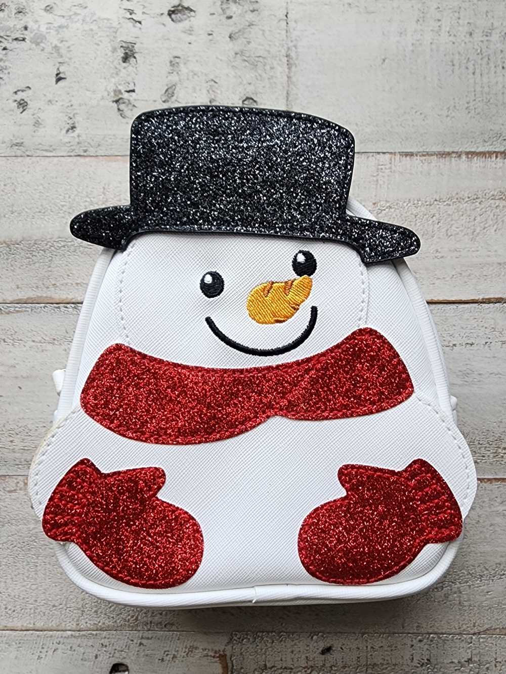 White Snowman Mini Bag with Glitter Red Scarf and Mittens
